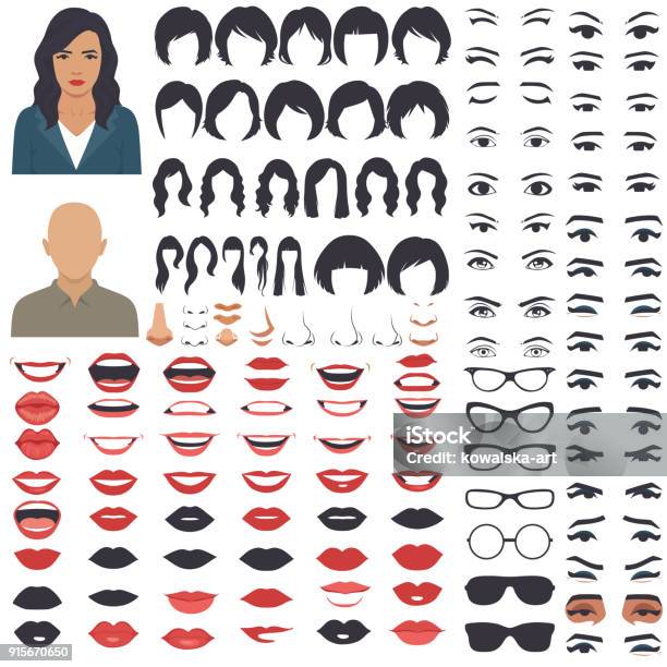 Woman Face Parts Character Head Eyes Mouth Lips Hair And Eyebrow Icon Set Stock Illustration - Download Image Now