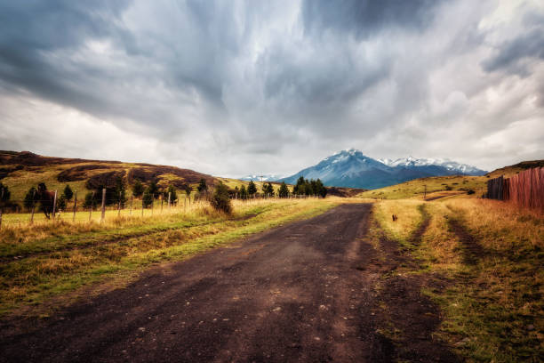 Valley view with mountains and glaciers on a background, Patagonia, Argentina.