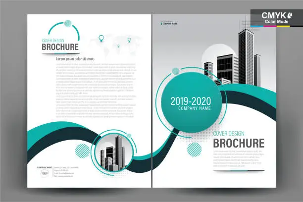 Vector illustration of Brochure Flyer Template Layout Background Design. booklet, leaflet, corporate business annual report layout with teal and green curve on a white background template a4 size - Vector illustration.