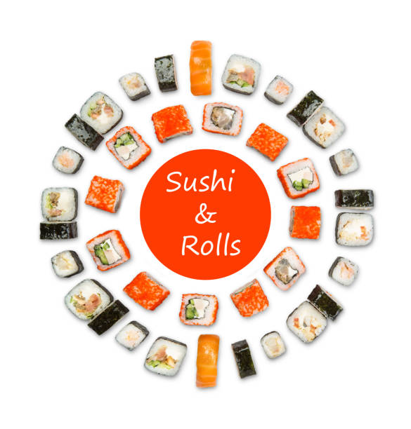 istock Set of sushi, maki and rolls isolated on white background 915676384