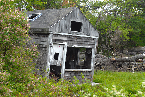 An old dilapitated lobster shack.