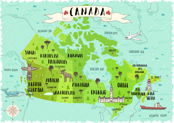 ilustraciones, imágenes clip art, dibujos animados e iconos de stock de vintage mapa de canadá con la bandera. ilustración de vector altamente detallados. - canadian province