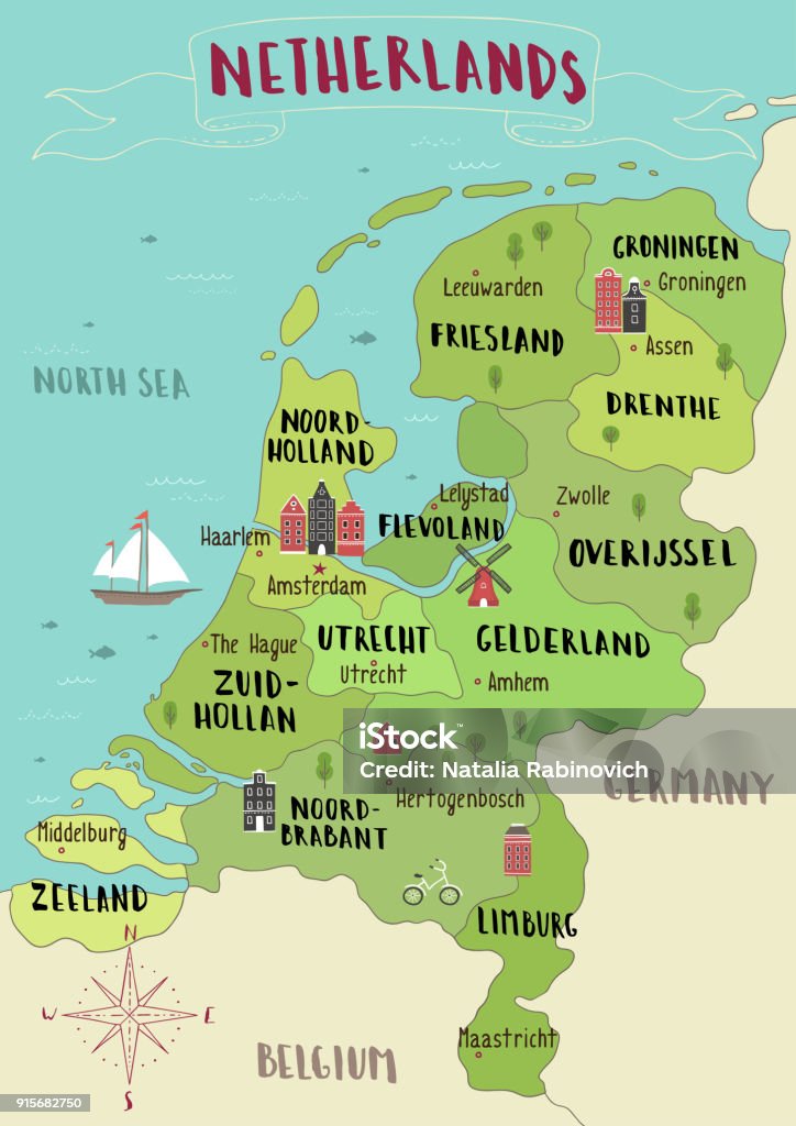 Illustrated map of Netherlands Illustrated map of Netherlands vector hand-drawn illustration Netherlands stock vector