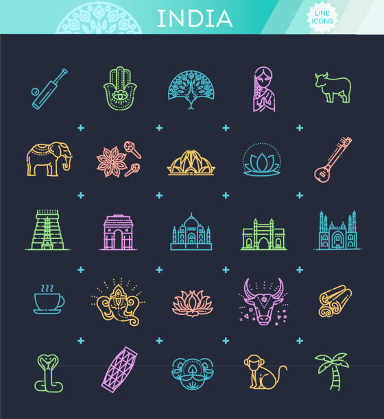 indie ikony zestaw. indyjskie atrakcje, projektowanie linii. turystyka w indiach, odosobniona ilustracja wektorowa. tradycyjne symbole. - ganesha indian culture india vector stock illustrations