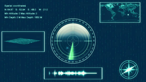 istock Submarine Sonar with target on map. HUD showing location, landscape surface and coordinates of target. 915685060