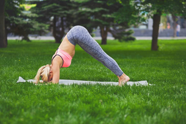 istock Woman training yoga in dophin pose . 915695516
