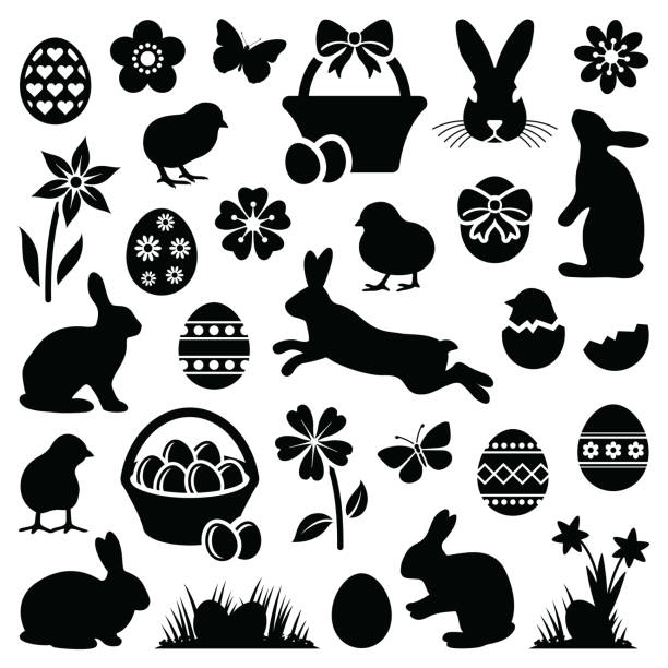 Easter silhouette Easter eggs - hares - chicks and flowers collection - vector silhouette young bird stock illustrations
