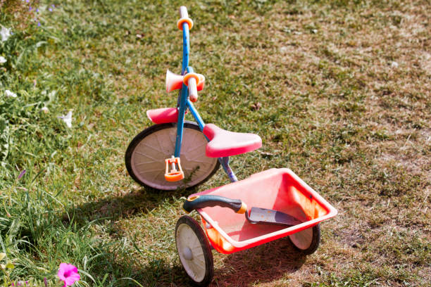 istock A red children bicycle is standing on the green grass. 915700344