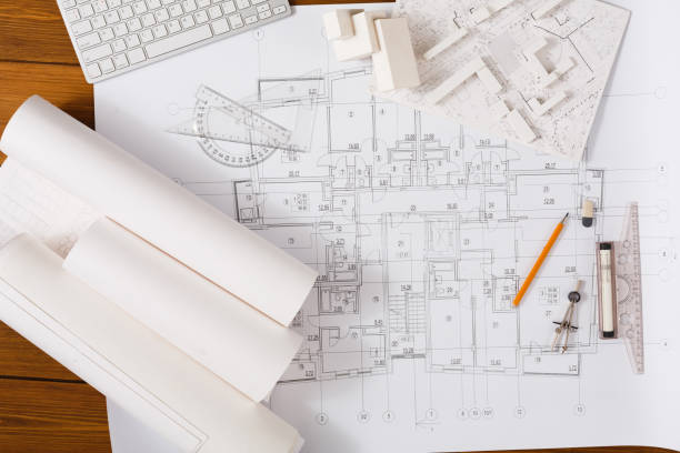 건축 프로젝트, 엔지니어링 툴 테이블에. - drawing compass blueprint engineering architecture 뉴스 사진 이미지