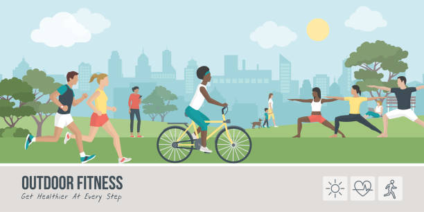 Outdoors fitness and sports Young people doing physical activity outdoors at the park, they are running, cycling and practicing yoga; healthy lifestyle and fitness concept vibrant group stock illustrations