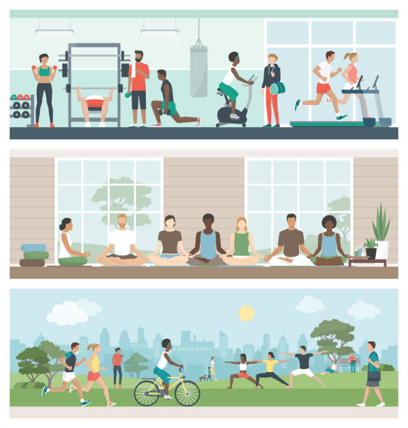 illustrazioni stock, clip art, cartoni animati e icone di tendenza di fitness, benessere e stile di vita sano - yoga exercising outdoors group of people