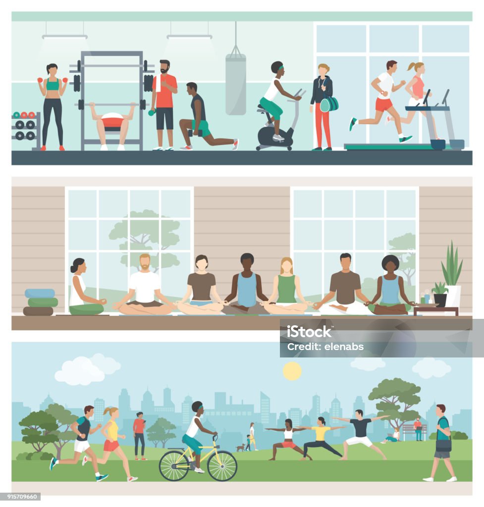 Fitness, wellbeing and healthy lifestyle Multiethnic groups of people practicing sports and meditation: they are exercising at the gym, doing yoga and relaxing at the park, healthy lifestyle concept, banner set Exercising stock vector