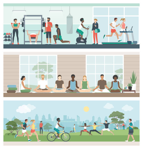 Fitness, wellbeing and healthy lifestyle Multiethnic groups of people practicing sports and meditation: they are exercising at the gym, doing yoga and relaxing at the park, healthy lifestyle concept, banner set active lifestyle illustrations stock illustrations