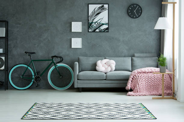 istock Grey living room with bicycle 915713598