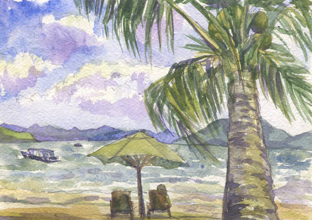 istock Palm tree, sun lounger on the beach. Seascape. Watercolor sketch 915716764