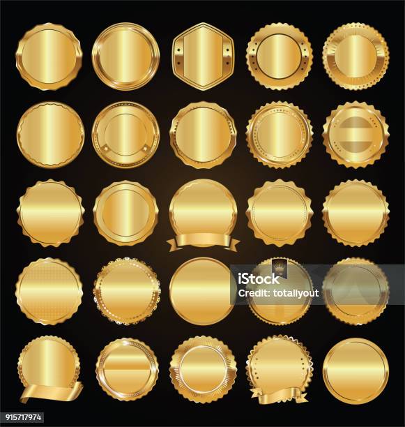Leere Goldene Retroetiketten Und Abzeichen Goldene Vektor Sammlung Stock Vektor Art und mehr Bilder von Gold - Edelmetall
