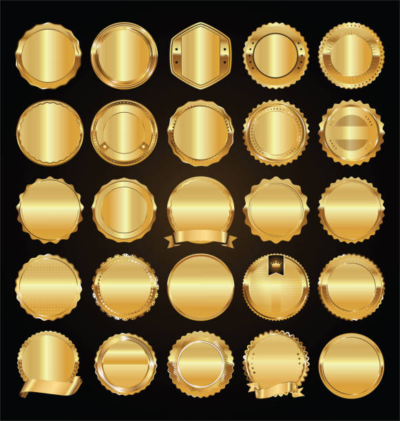 ilustraciones, imágenes clip art, dibujos animados e iconos de stock de etiquetas retras oro vacías y colección de oro vector divisas - gold medal medal ribbon trophy
