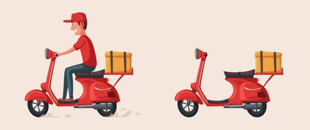 illustrazioni stock, clip art, cartoni animati e icone di tendenza di consegna rapida e gratuita. illustrazione vettoriale del cartone animato. servizio di cibo. scooter retrò. - food motivation driving drive