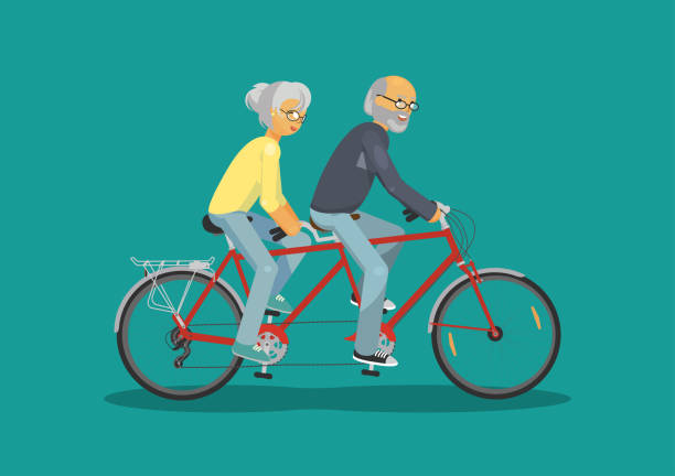 Senior man and senior woman together riding tandem bike Senior man and senior woman together riding tandem bike on teal background. Concept happy senior couple. Vector illustration. $69 stock illustrations