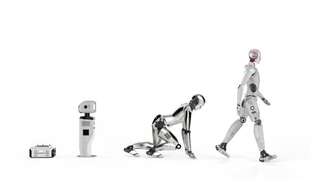 robot evolution or technology evolution technology evolution concept with 3d rendering robot warehouse, assistance robot and cyborg evolution stock pictures, royalty-free photos & images