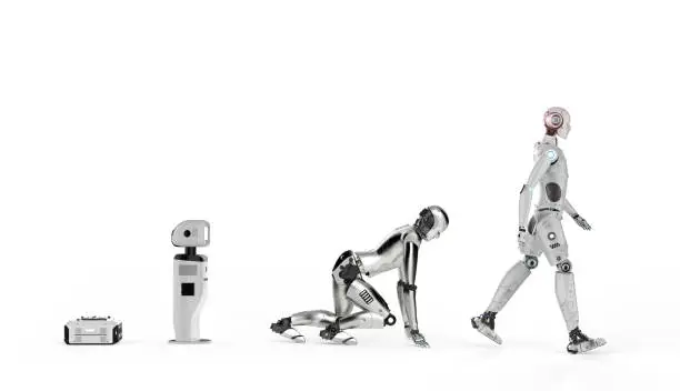 technology evolution concept with 3d rendering robot warehouse, assistance robot and cyborg
