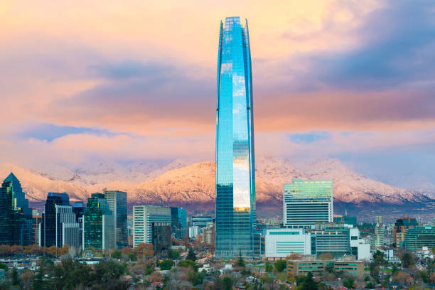 skyline of buildings at financial district in Las Condes Santiago; Region Metropolitana, Chile - June 12, 2014: skyline of buildings at financial district in Las Condes with Los Andes Mountains in the back. sanhattan stock pictures, royalty-free photos & images