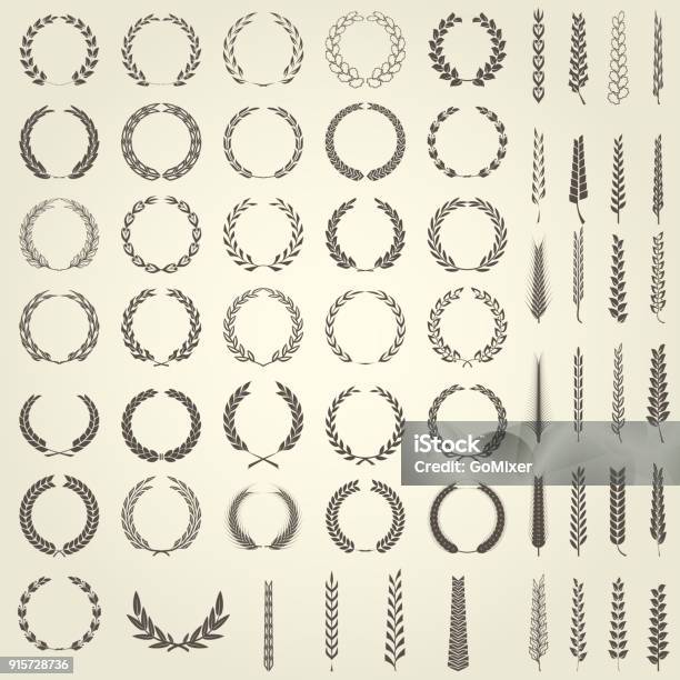 Vetores de Conjunto De Coroas De Louros E Espigas De Trigo No Estilo Heráldico e mais imagens de Coroa de Louro