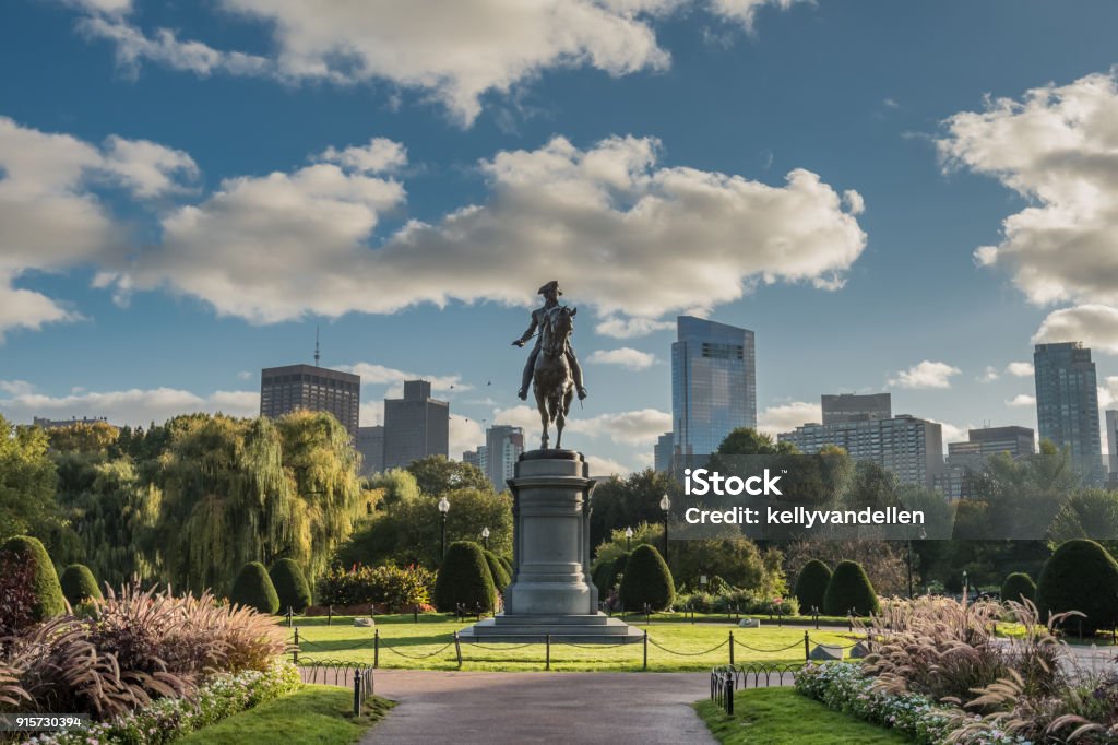 Washington Statue and Boston Skyline Boston, United States: October 13, 2017: Washington Statue and Boston Skyline Boston - Massachusetts Stock Photo