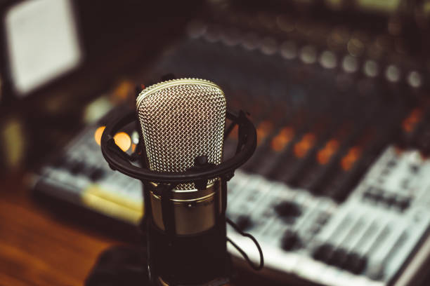 microphone and mixing console stock photo