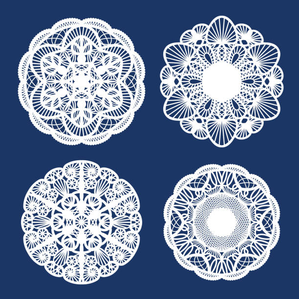Set of round patterns. Lacy napkin Set of white lacy doilies, white round lace, snowflakes lace doily crochet craft product stock illustrations