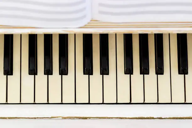 Photo of Piano close-up, musical instrument. learn to play the instrument at home. white large piano. piano keyboard. concert concept.