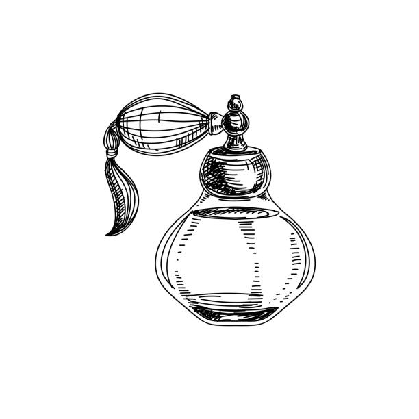 ilustraciones, imágenes clip art, dibujos animados e iconos de stock de mano de la hermosa vector dibujado botella de perfume vintage ilustración. - perfume sprayer