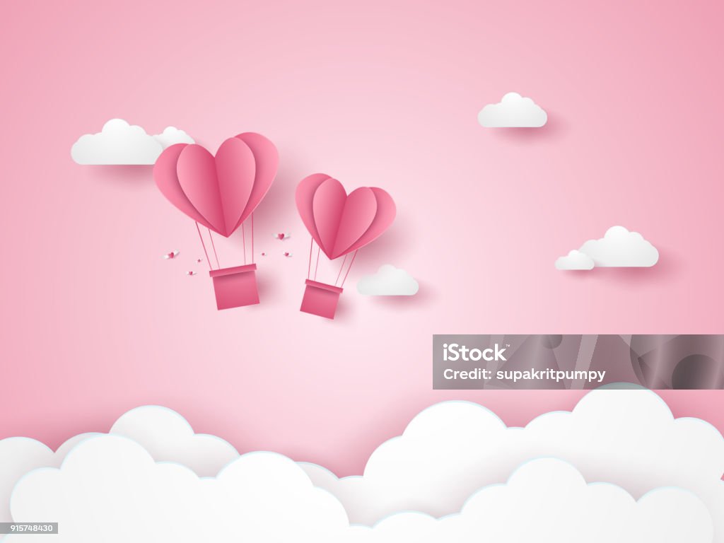 Valentines day, Illustration of love, pink heart hot air balloons flying in the pink sky, paper art style Heart Shape stock vector