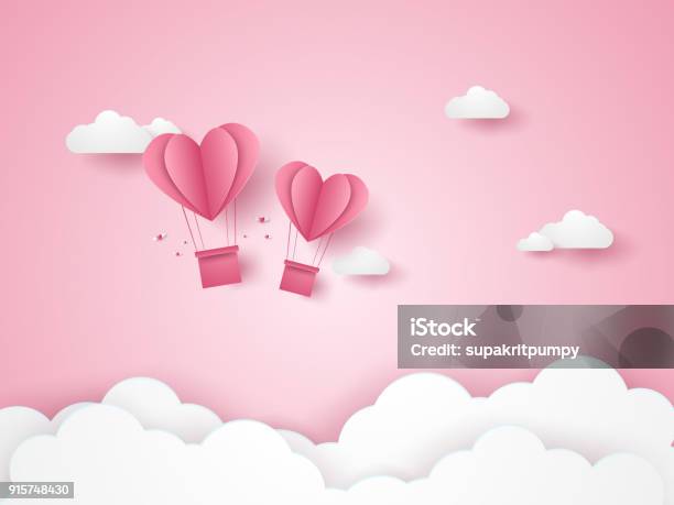 Valentines Day Illustration Of Love Pink Heart Hot Air Balloons Flying In The Pink Sky Paper Art Style Stock Illustration - Download Image Now