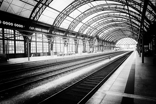 monochrome central station with railways and steel construction - Dresden