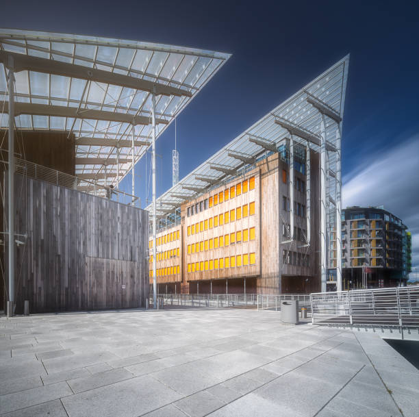 Modern buildings at riverbank in Oslo at day time, Norway