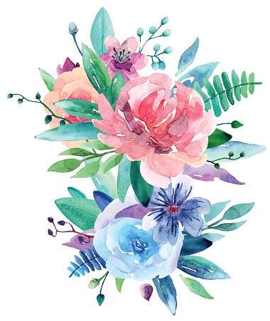 Watercolor bouquet vector clip art. Pink and blue floral illustration