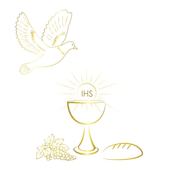 ilustraciones, imágenes clip art, dibujos animados e iconos de stock de oro y brillantes primeros símbolos de la comunión. - eucaristia
