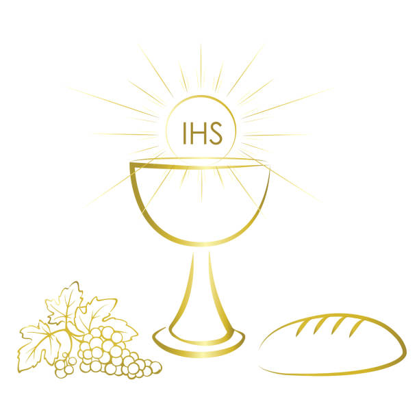 Holy communion symbols - wine, bread and chalice with Jesus Christ body. First communion symbols for a nice invitation design. communion stock illustrations