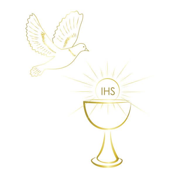 istock Pigeon flyingover gold challice - holy communion symbols. 915752350