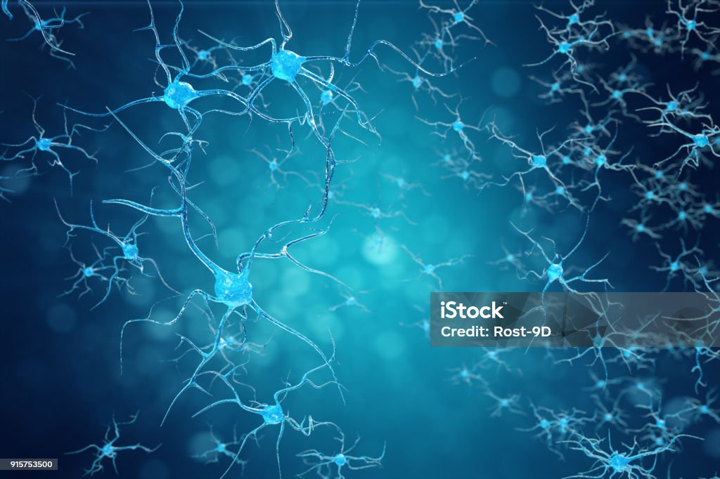 Conceptual illustration of neuron cells with glowing link knots. Synapse and Neuron cells sending electrical chemical signals. Neuron of Interconnected neurons with electrical pulses. 3D illustration Conceptual illustration of neuron cells with glowing link knots. Synapse and Neuron cells sending electrical chemical signals. Neuron of Interconnected neurons with electrical pulses, 3D illustration Nerve Cell Stock Photo