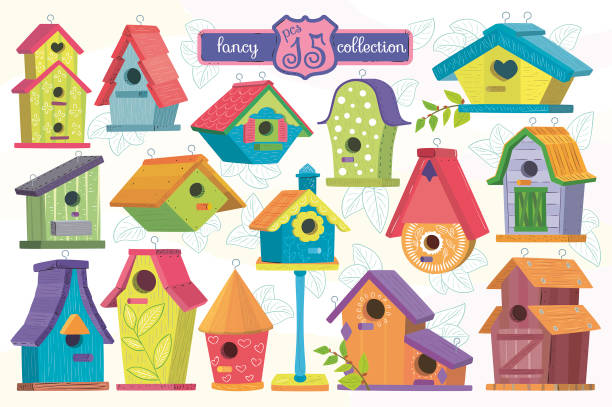 ilustraciones, imágenes clip art, dibujos animados e iconos de stock de grupo de birdhouse. establecer la pajarera - birdhouse animal nest bird tree