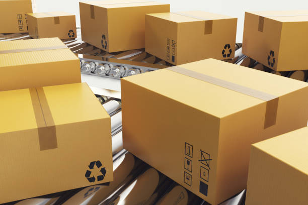 istock 3D illustration Packages delivery, packaging service and parcels transportation system concept, cardboard boxes on conveyor belt. 915764552