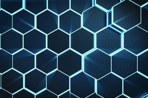 istock 3D illustration blue abstract hexagonal geometric background. Structure of self-luminous hexagons in blue hue with volume light rays 915765212