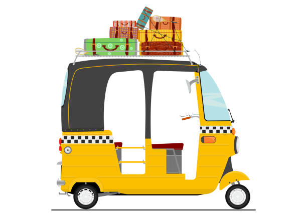 Simplified cartoon motor rickshaw. Flat vector exotic cartoon three wheeler tuk tuk rickshaw. Side view of transport vehicle. auto rickshaw taxi india stock illustrations