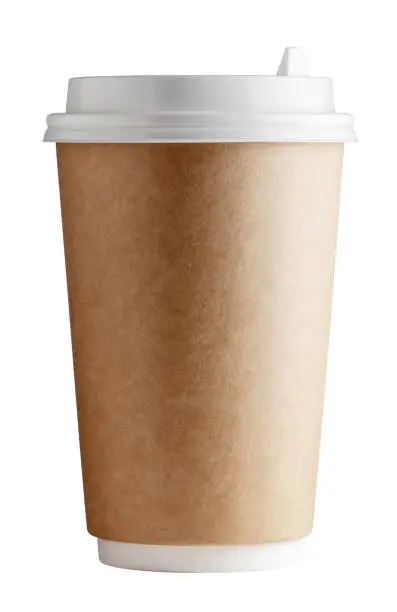 Front view and close-up of cup with lid for hot beverage on white background. Studio shot with clipping path.