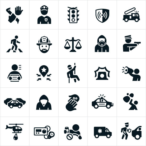 Public Safety Icons A set of icons related to public safety. The icons include law enforcement, police officer, crime, burglary, fire fighting, fireman, road safety, laws, hazmat, criminal, rescue, drugs, police car, crime scene, ambulance, drunk driving and other public safety related icons. emergency first response stock illustrations