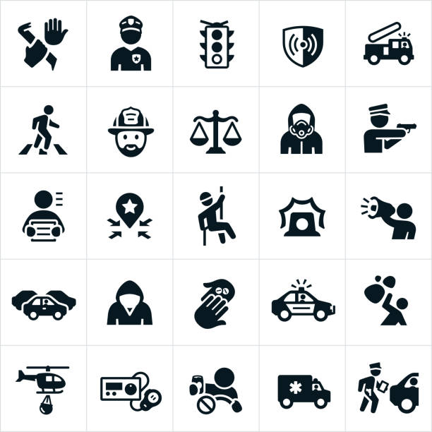 Public Safety Icons A set of icons related to public safety. The icons include law enforcement, police officer, crime, burglary, fire fighting, fireman, road safety, laws, hazmat, criminal, rescue, drugs, police car, crime scene, ambulance, drunk driving and other public safety related icons. bang icon stock illustrations