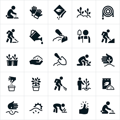 An icon set of the planting and growing of trees and plants. The icons include gardeners, cultivation, growing, planting, seeds, gardening, plants and trees to name a few.