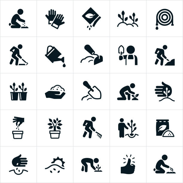 Planting and Growing Icons An icon set of the planting and growing of trees and plants. The icons include gardeners, cultivation, growing, planting, seeds, gardening, plants and trees to name a few. fertilizer icon stock illustrations